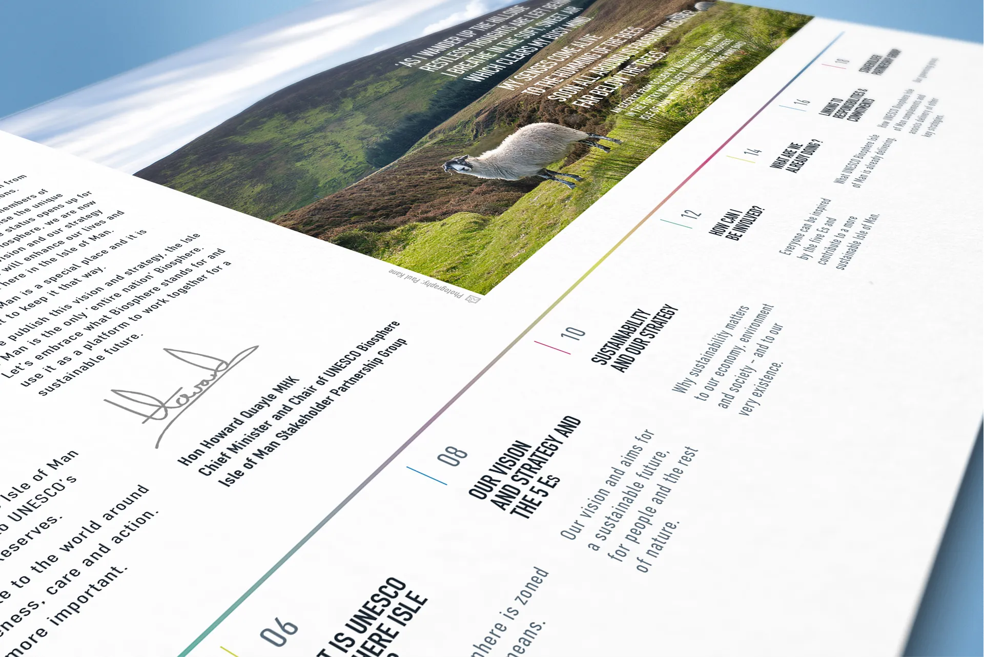 Biosphere Isle of Man Vision and Strategy document spread showing Isle of Man hillside photography, a signed foreword from the Chief Minister, and a downloadable contents page, designed by DotPerformance